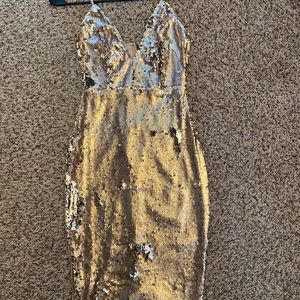 Gold midi form fitting spaghetti strap dress